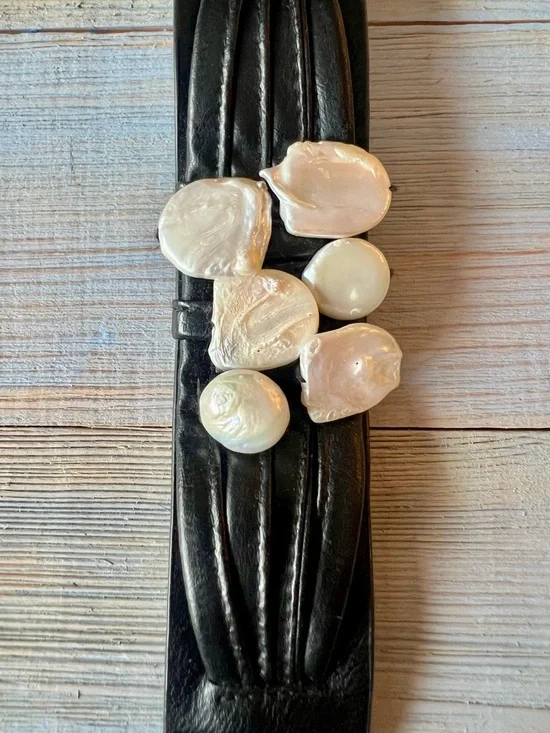 Handcrafted Black Leather Bracelet Genuine Button Pearls Statement Cuff - Picture 4 of 11